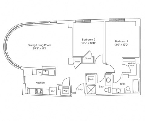 Floor plan for 2 beds, 2 baths, 1181 sqft